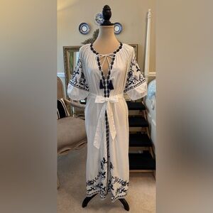 Alex Marie White A-line SS Dress with Navy Embroidery, NWTS